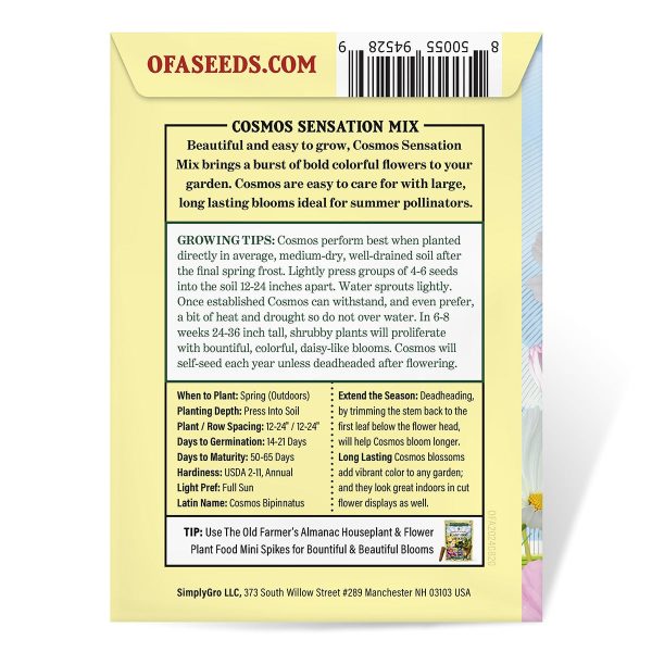 The Old Farmer s Almanac Cosmos Sensation Mix Seeds - Premium Non-GMO, Open Pollinated, Flower Seeds Hot on Sale