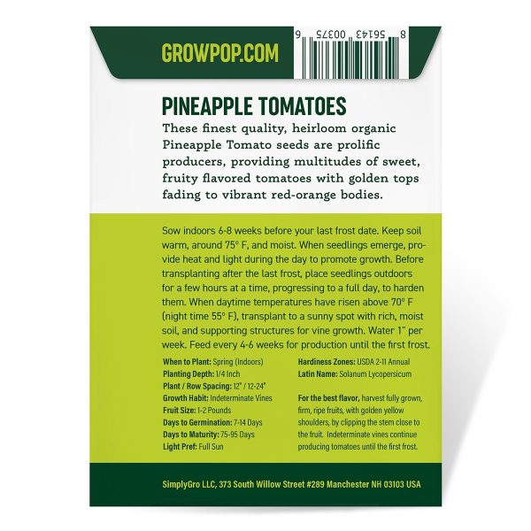 Purely Organic Pineapple Tomato Seeds - USDA Organic, Non-GMO, Open Pollinated, Heirloom, USA Origin, Vegetable Seeds Discount